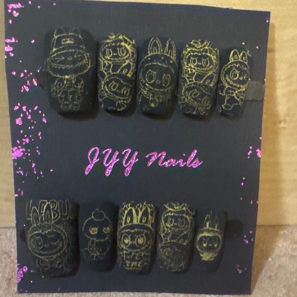 Press On Set Matte Black Gold Labubu Character Art 10 Piece Manicure